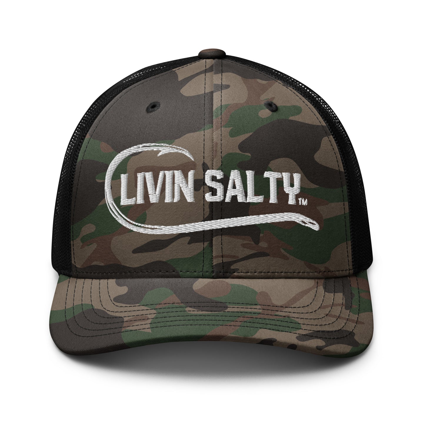 Camouflage LIVIN SALTY fishing hook logo trucker hat