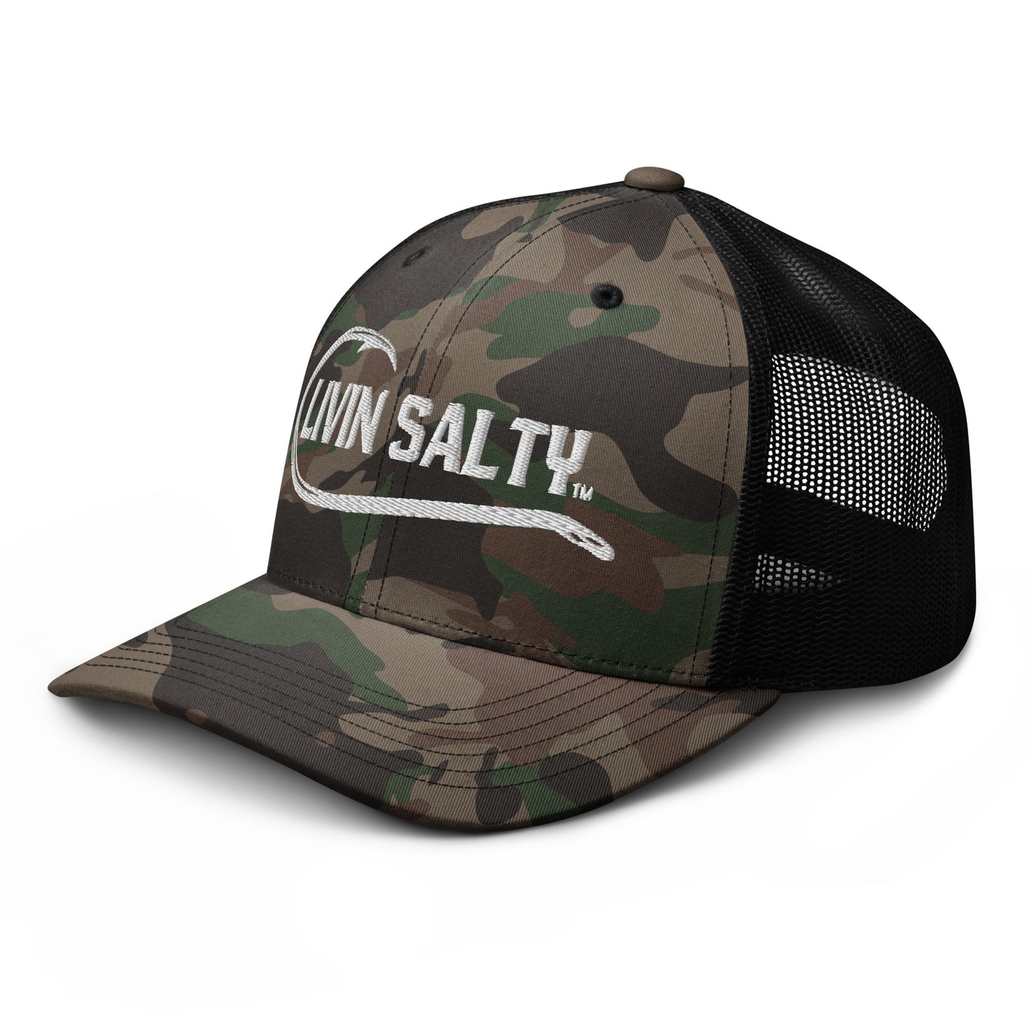 Camouflage LIVIN SALTY fishing hook logo trucker hat