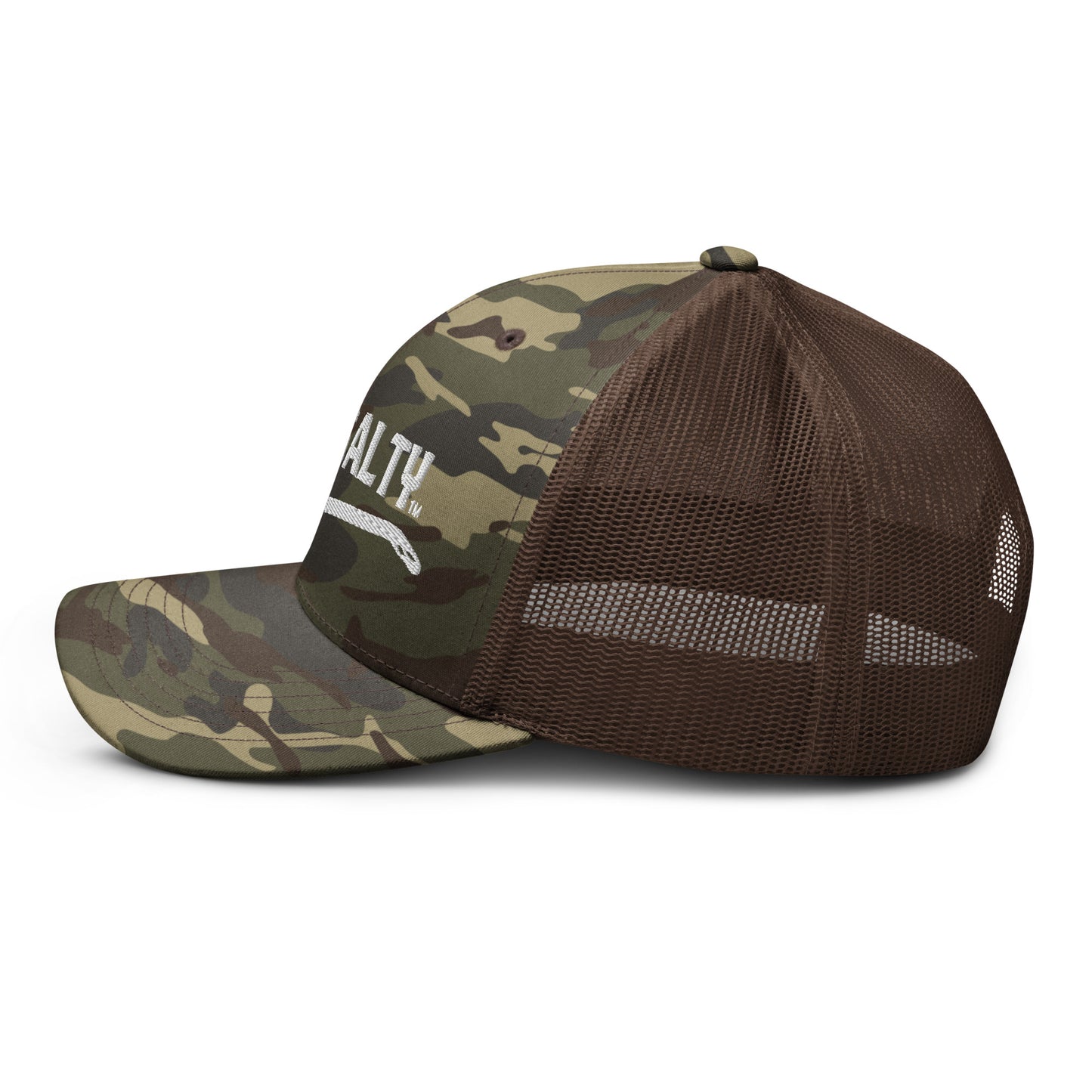 Camouflage LIVIN SALTY fishing hook logo trucker hat