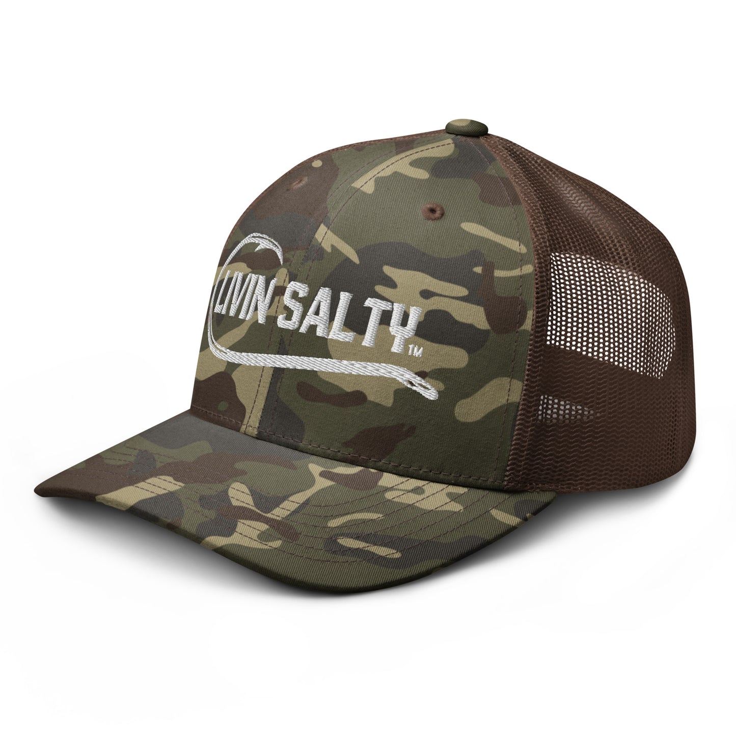 Camouflage LIVIN SALTY fishing hook logo trucker hat