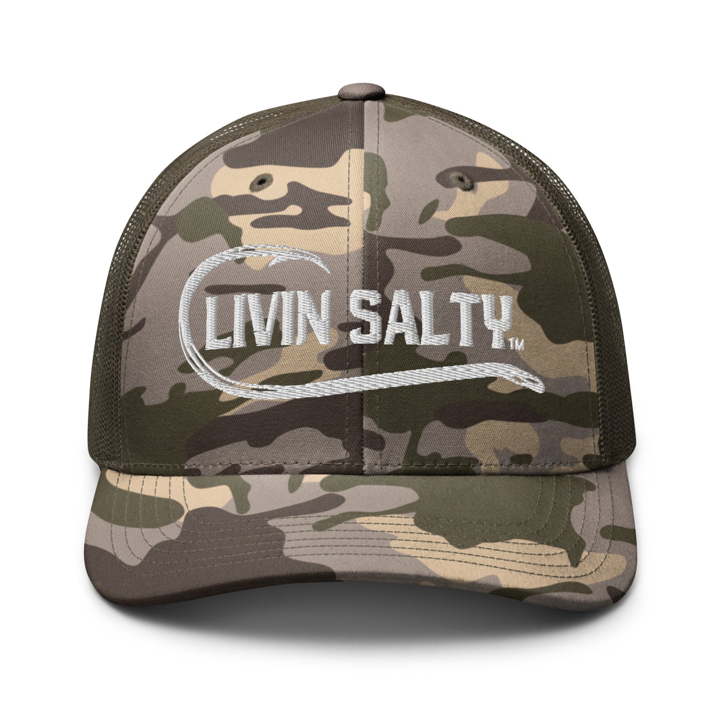 Camouflage LIVIN SALTY fishing hook logo trucker hat