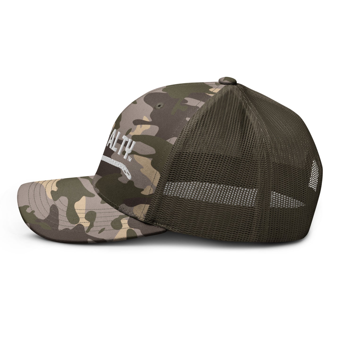 Camouflage LIVIN SALTY fishing hook logo trucker hat