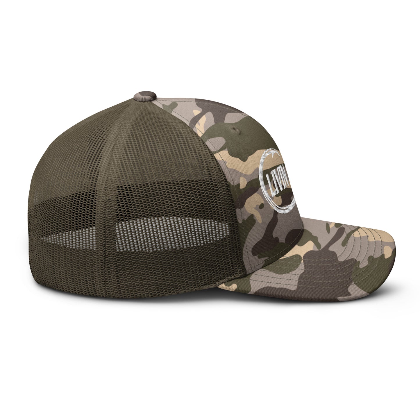 Camouflage LIVIN SALTY fishing hook logo trucker hat