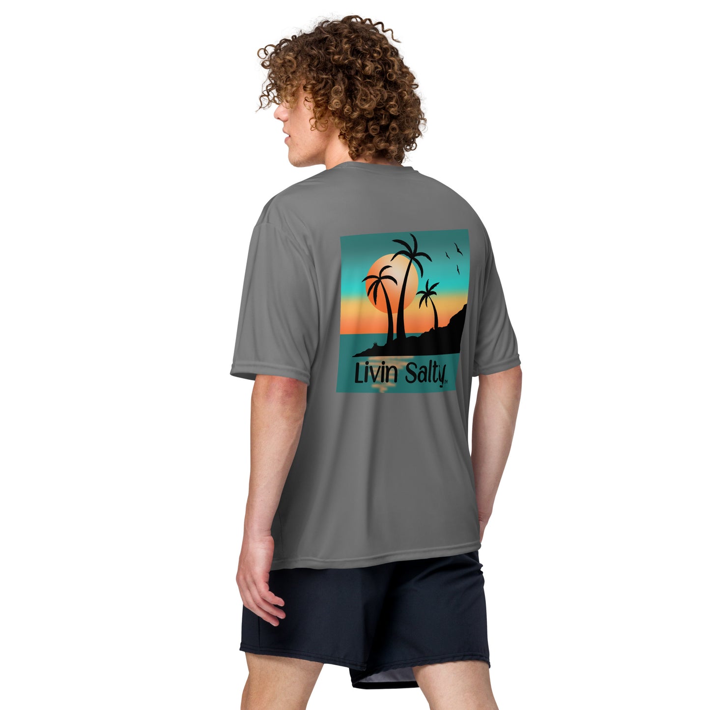 Dry fit LIVIN SALTY palm trees/sunset t-shirt