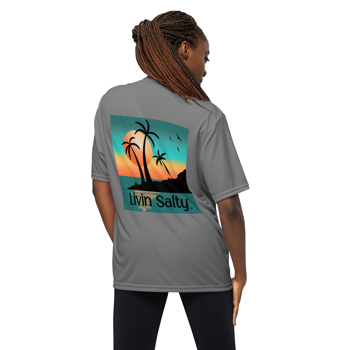 Dry fit LIVIN SALTY palm trees/sunset t-shirt