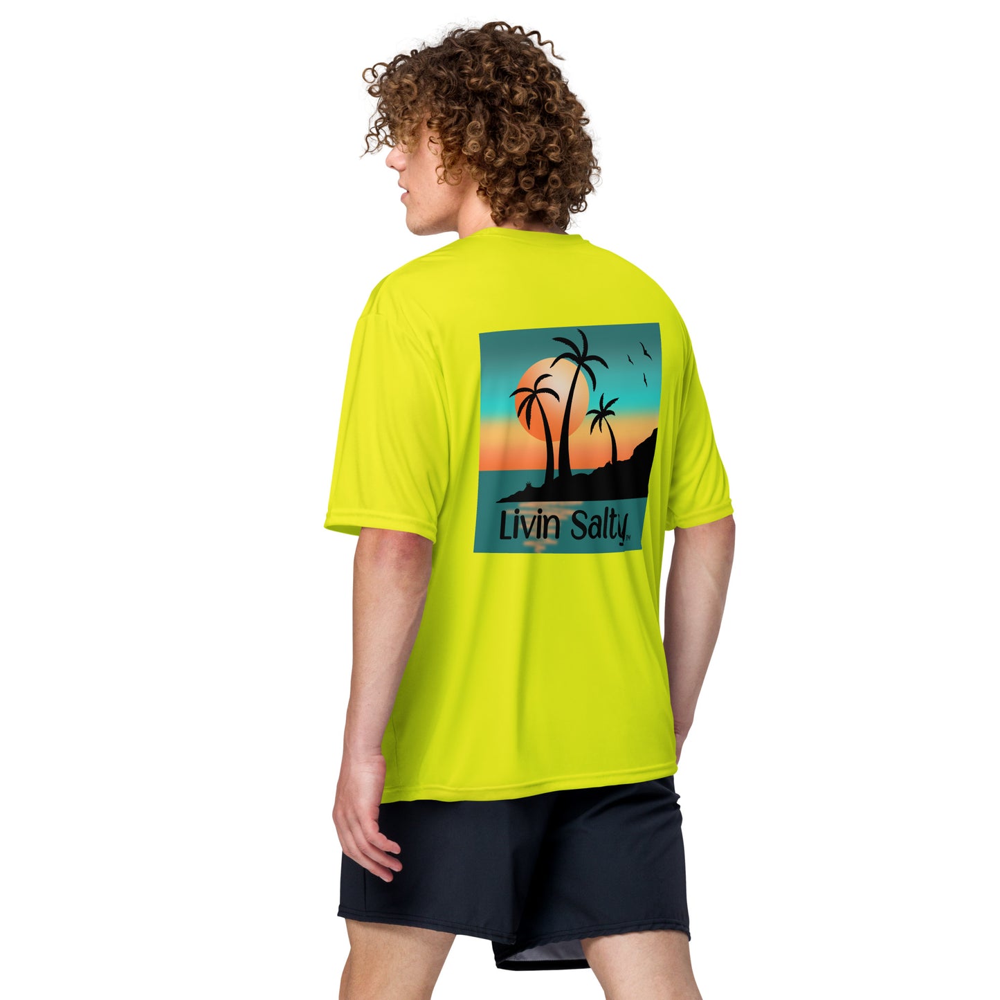 Dry fit LIVIN SALTY palm trees/sunset t-shirt