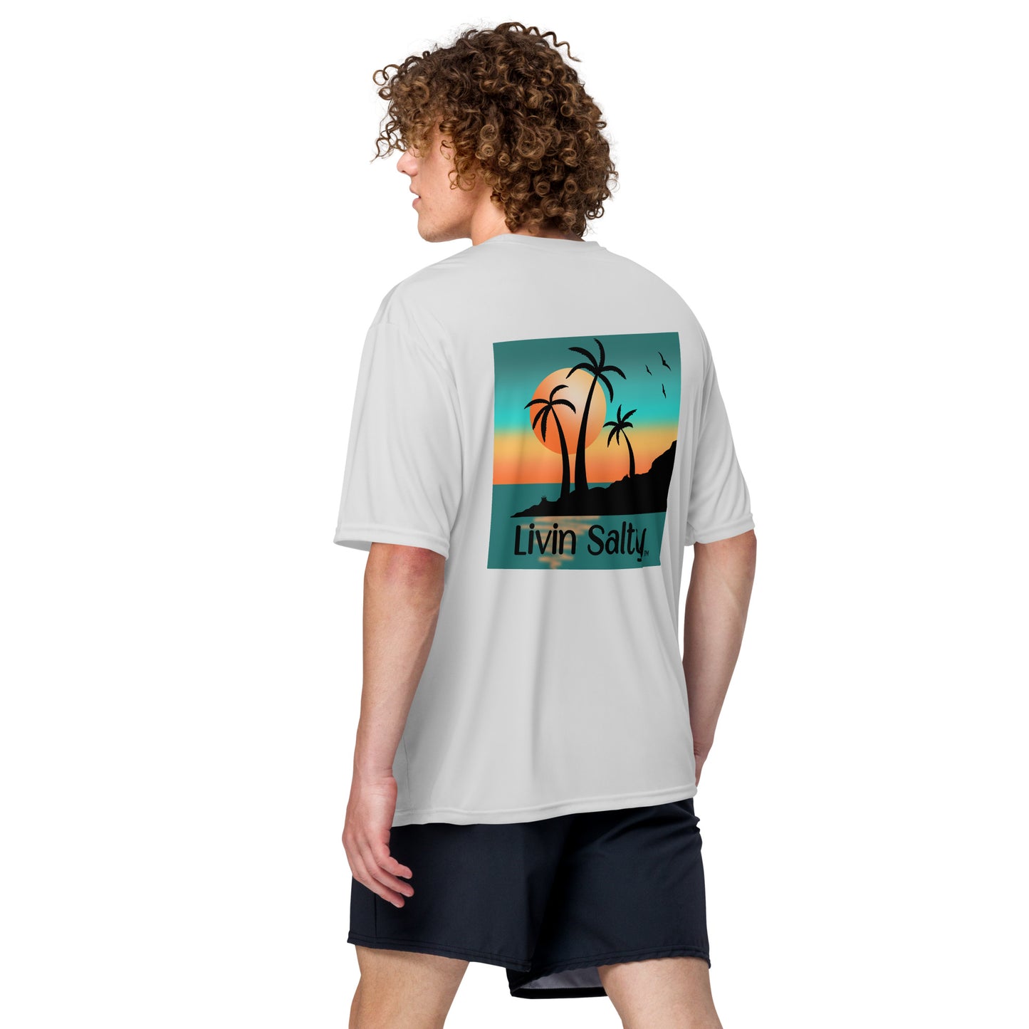 Dry fit LIVIN SALTY palm trees/sunset t-shirt