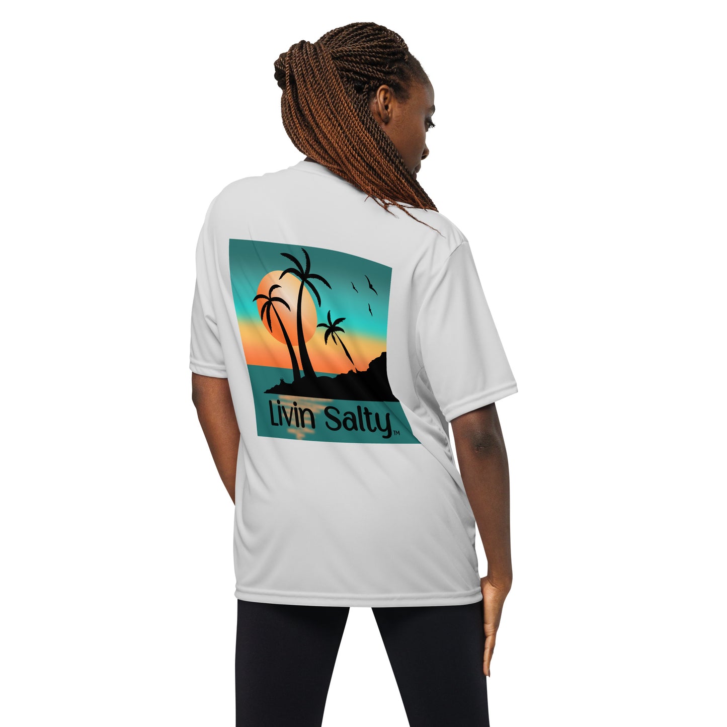 Dry fit LIVIN SALTY palm trees/sunset t-shirt