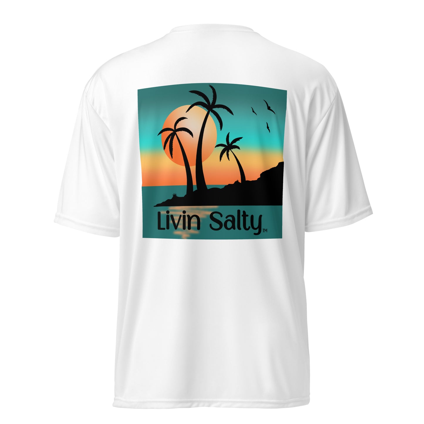 Dry fit LIVIN SALTY palm trees/sunset t-shirt