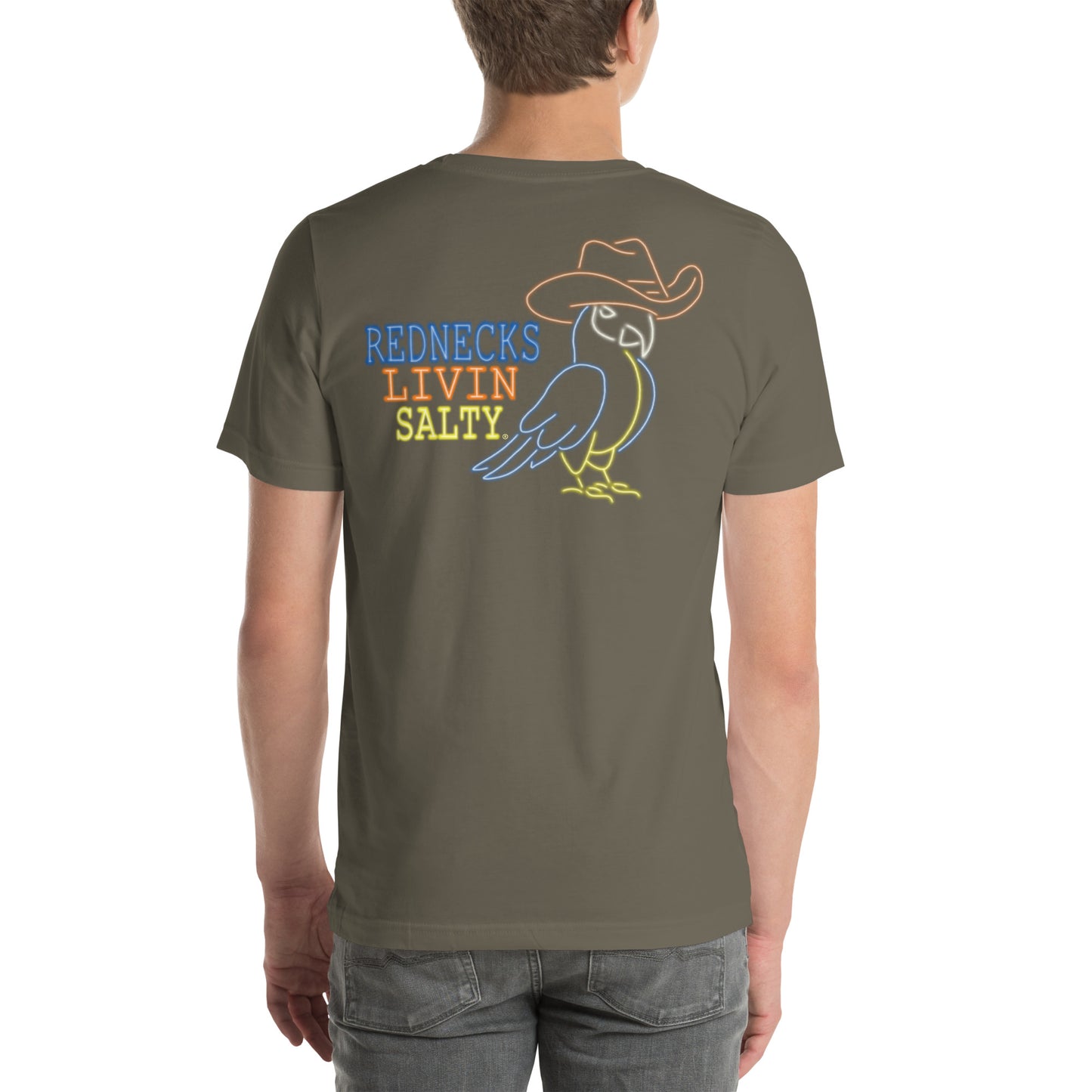 Unisex REDNECKS LIVIN SALTY Neon Parrot t-shirt