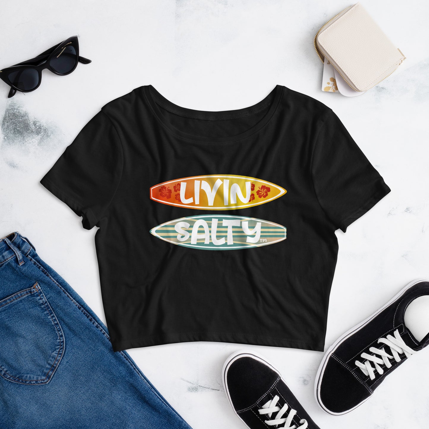 Women’s Crop Tee LIVIN SALTY Surf Boards