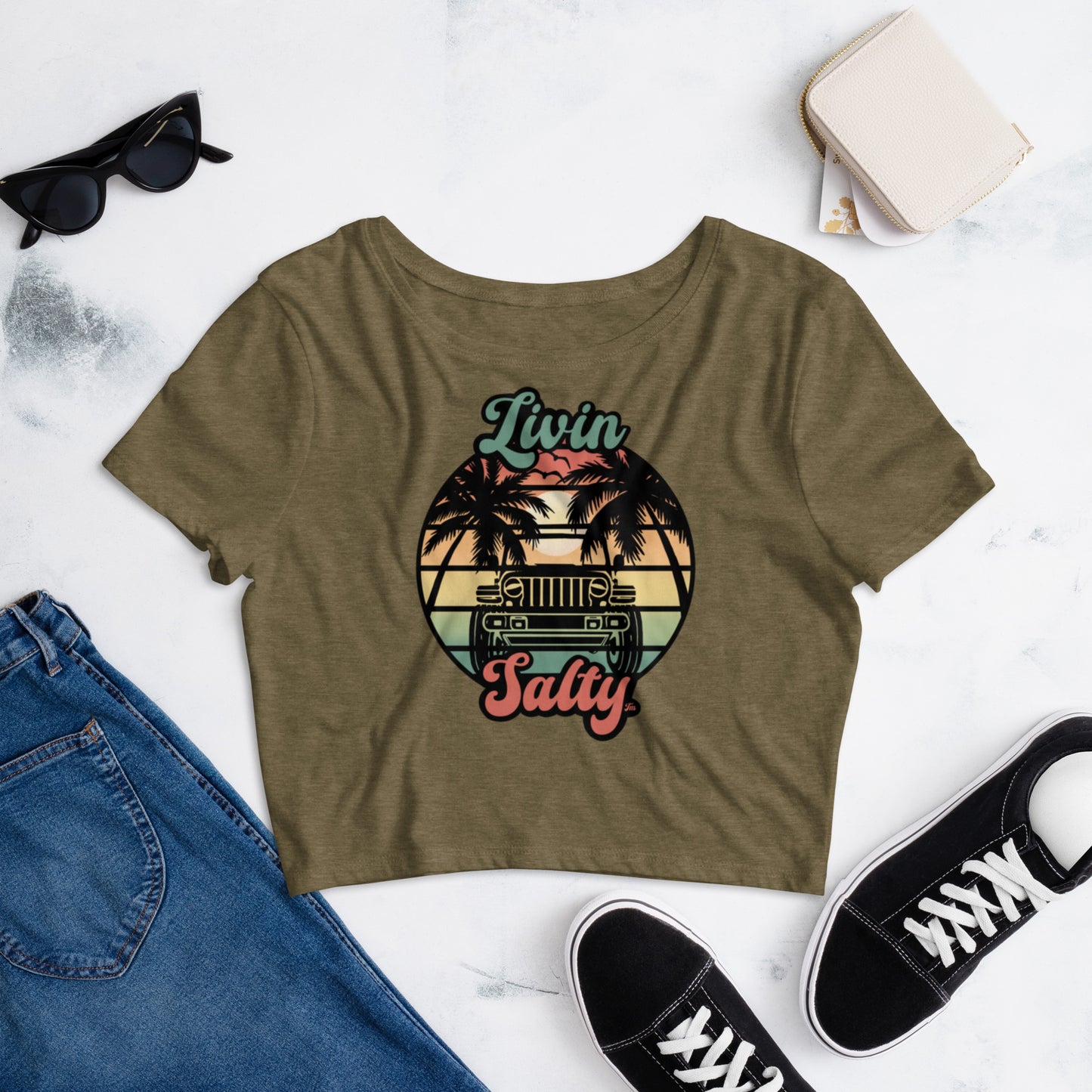 Women’s LIVIN SALTY Jeep/Beach Crop Tee