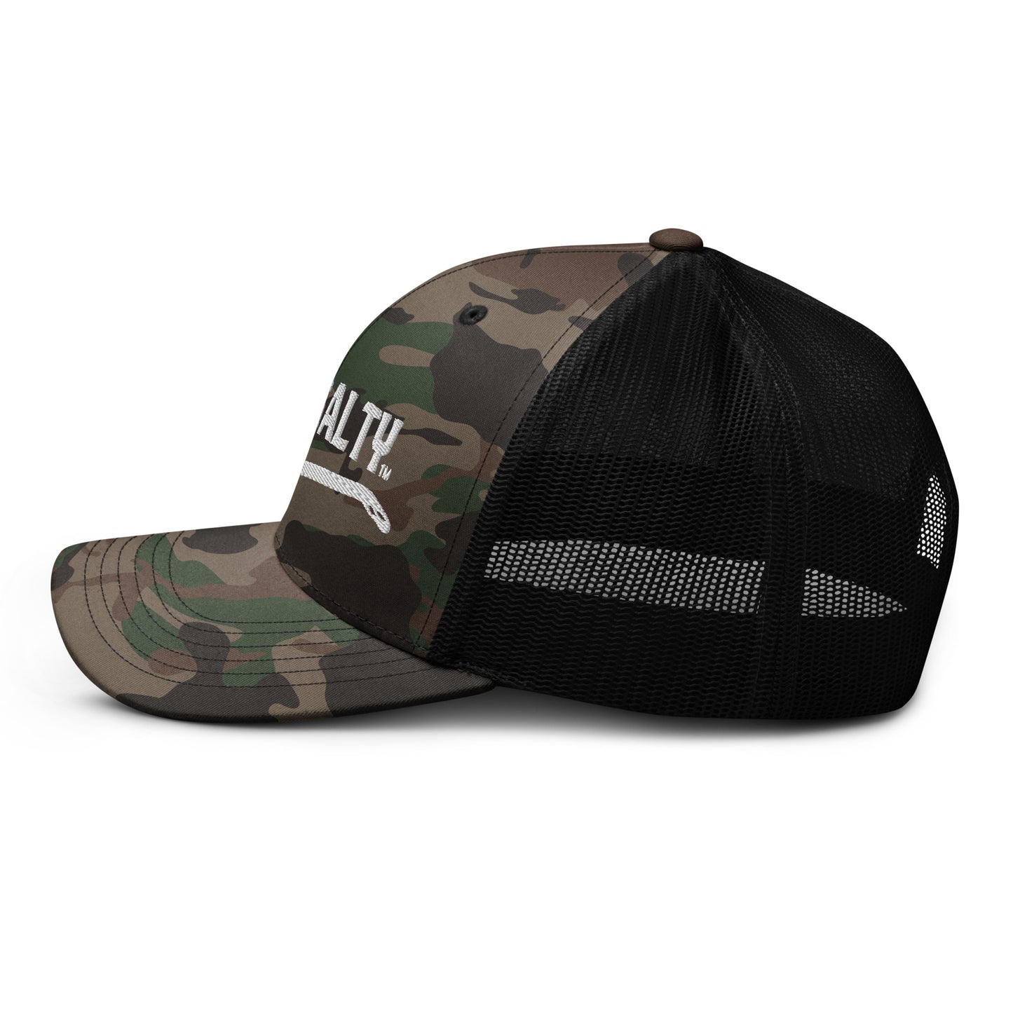 Camouflage LIVIN SALTY fishing hook logo trucker hat