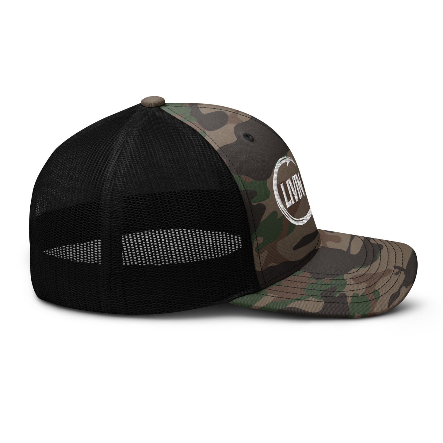 Camouflage LIVIN SALTY fishing hook logo trucker hat