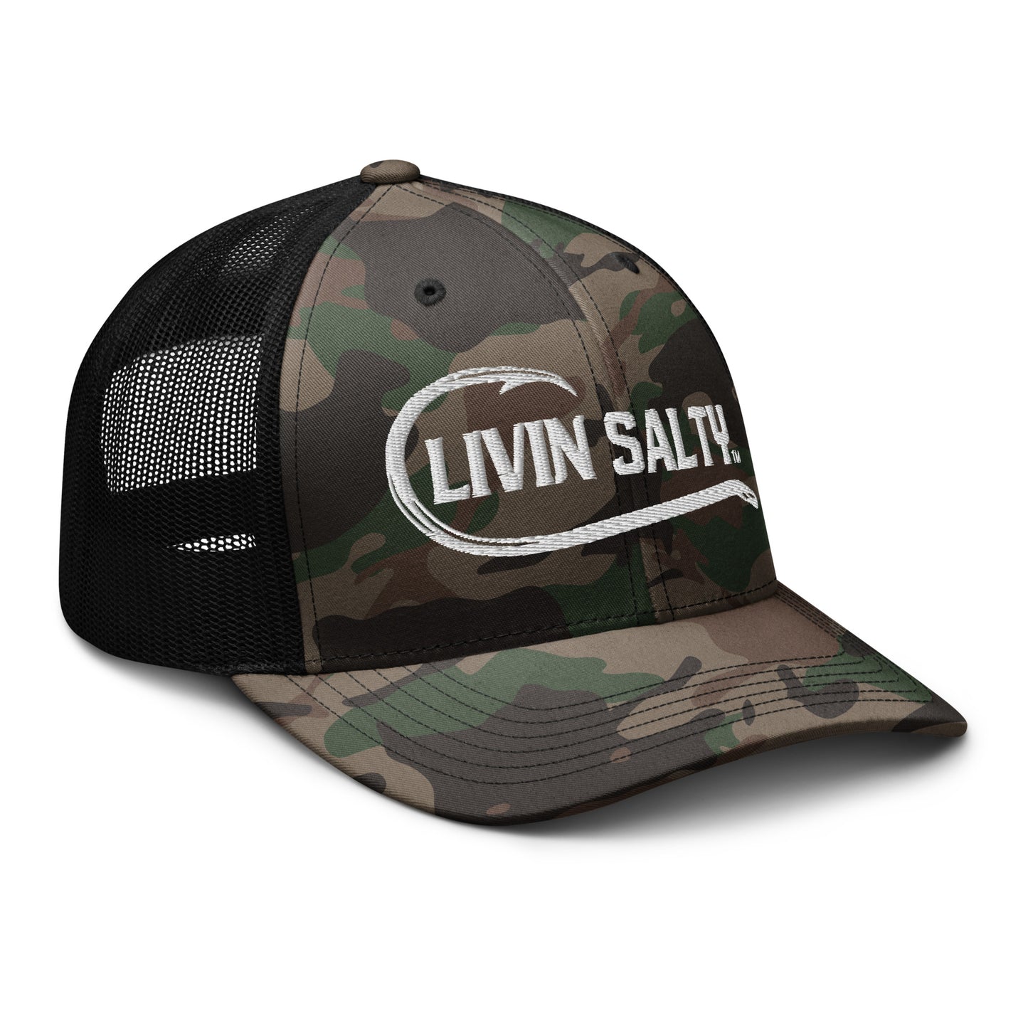 Camouflage LIVIN SALTY fishing hook logo trucker hat