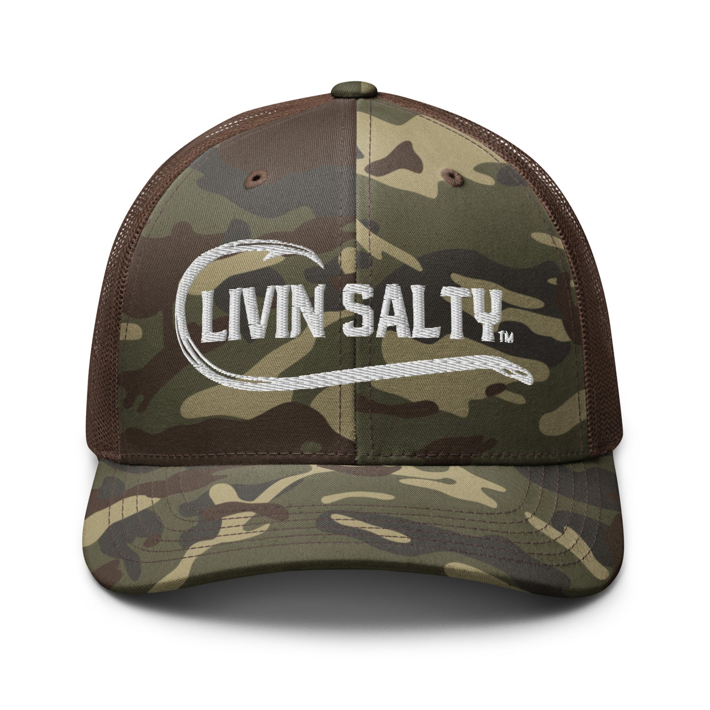 Camouflage LIVIN SALTY fishing hook logo trucker hat