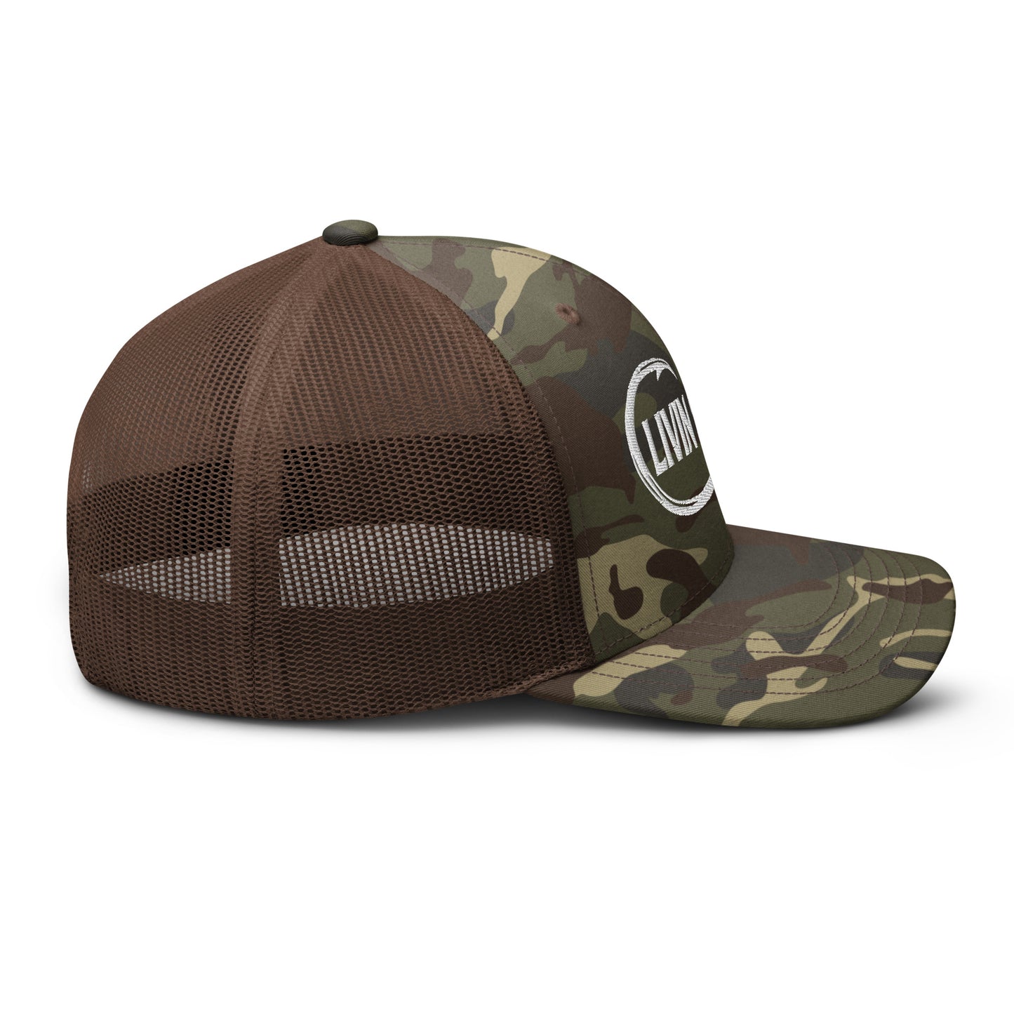 Camouflage LIVIN SALTY fishing hook logo trucker hat
