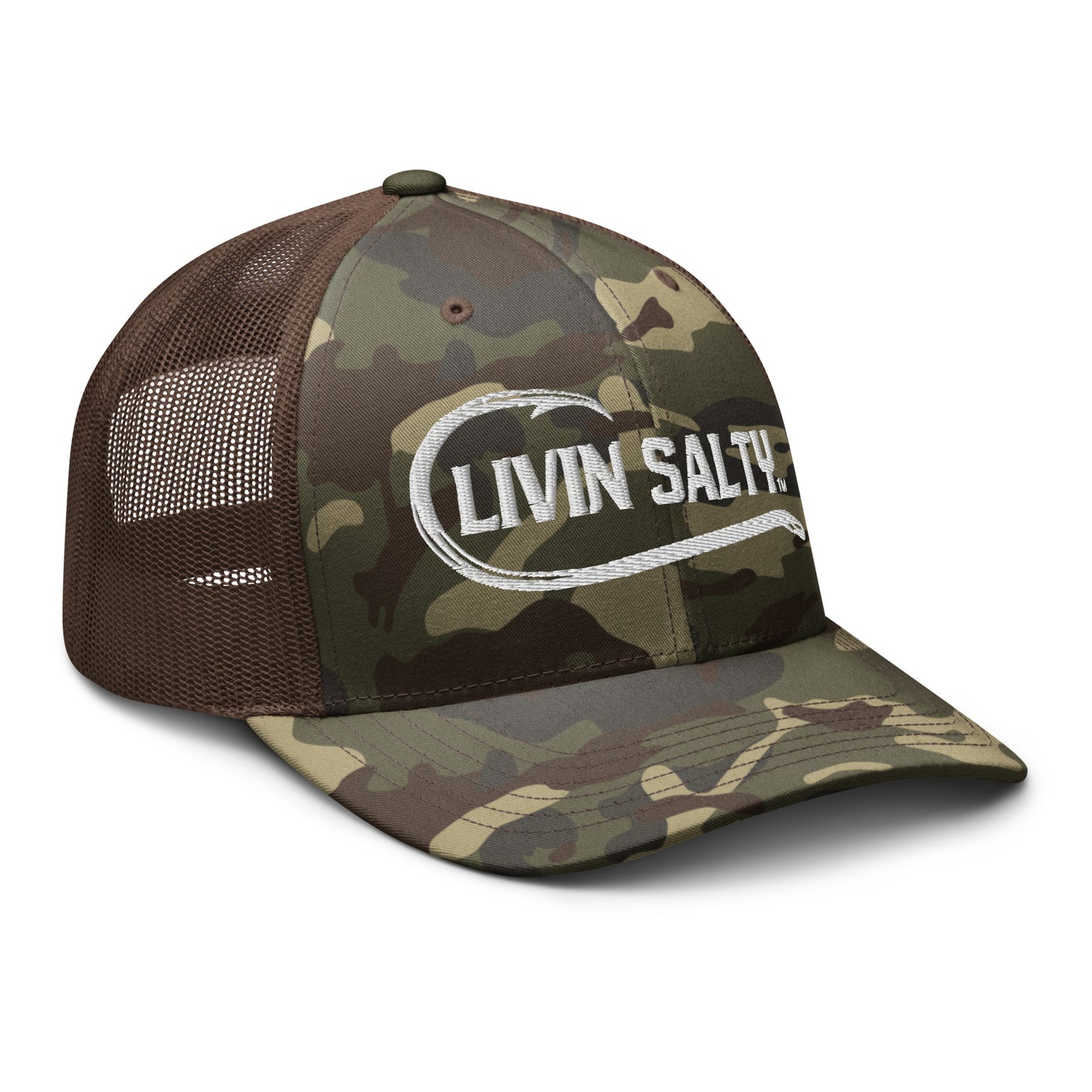 Camouflage LIVIN SALTY fishing hook logo trucker hat