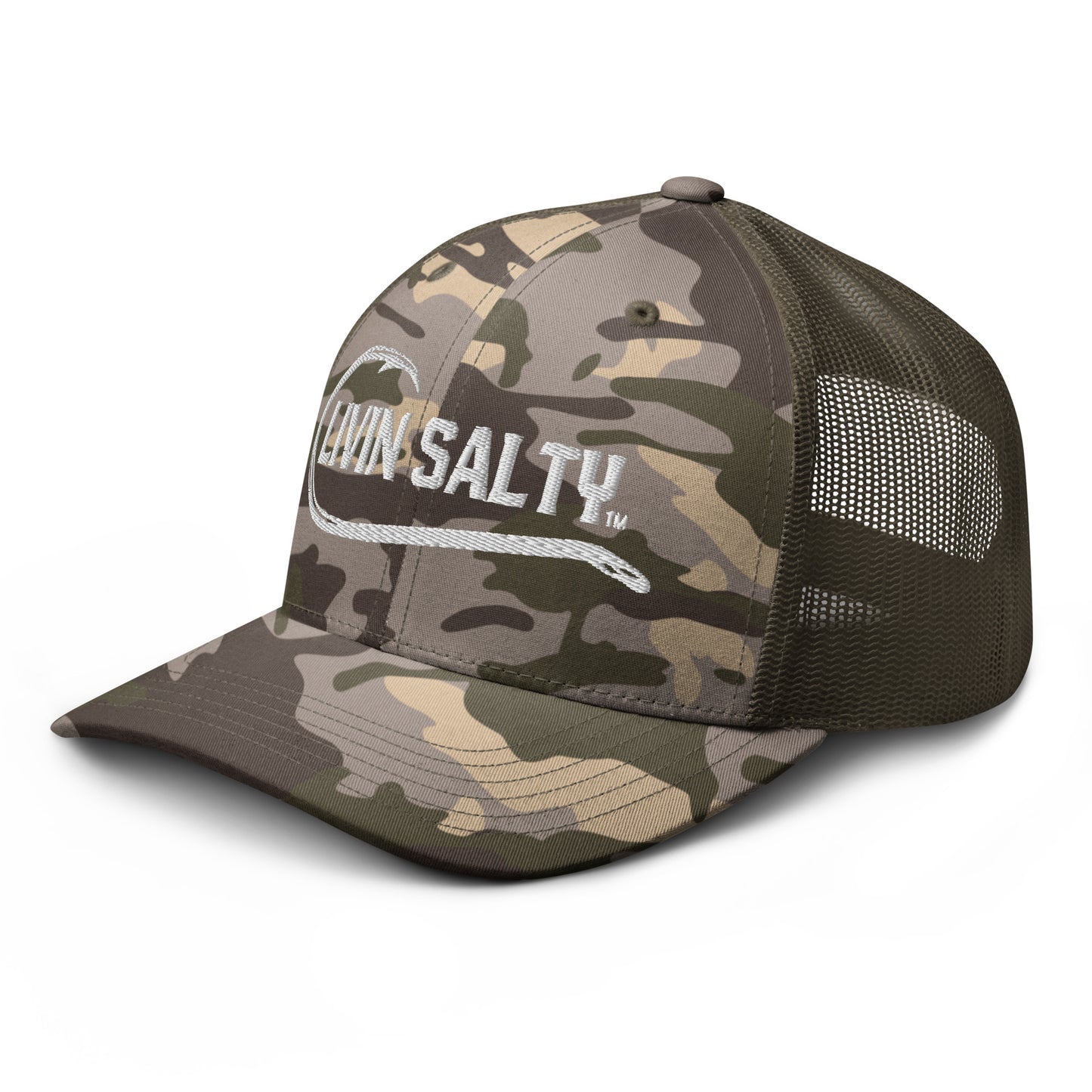 Camouflage LIVIN SALTY fishing hook logo trucker hat
