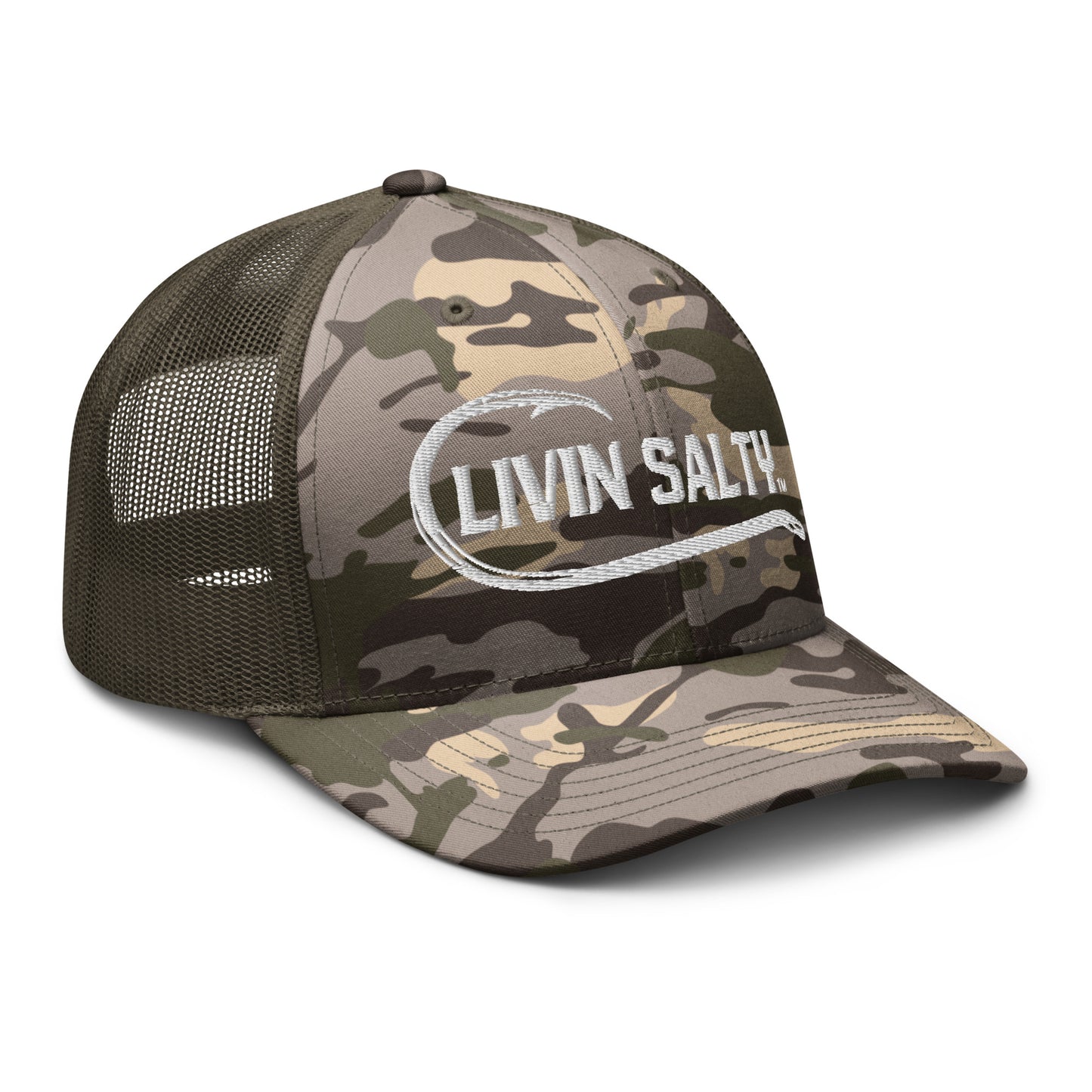 Camouflage LIVIN SALTY fishing hook logo trucker hat
