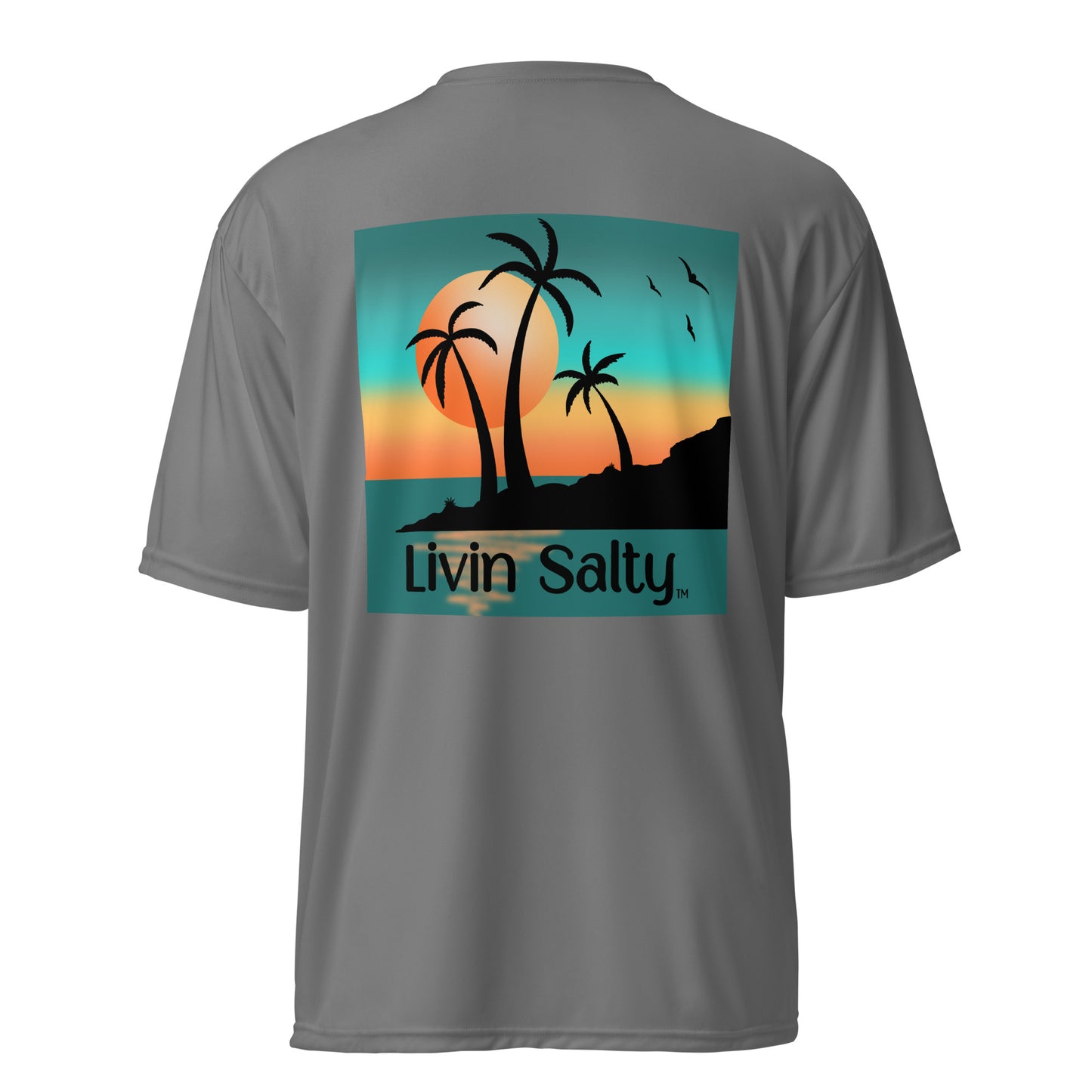 Dry fit LIVIN SALTY palm trees/sunset t-shirt