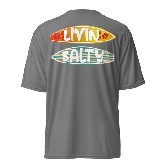 Unisex dry fit Surf board LIVIN SALTY t-shirt